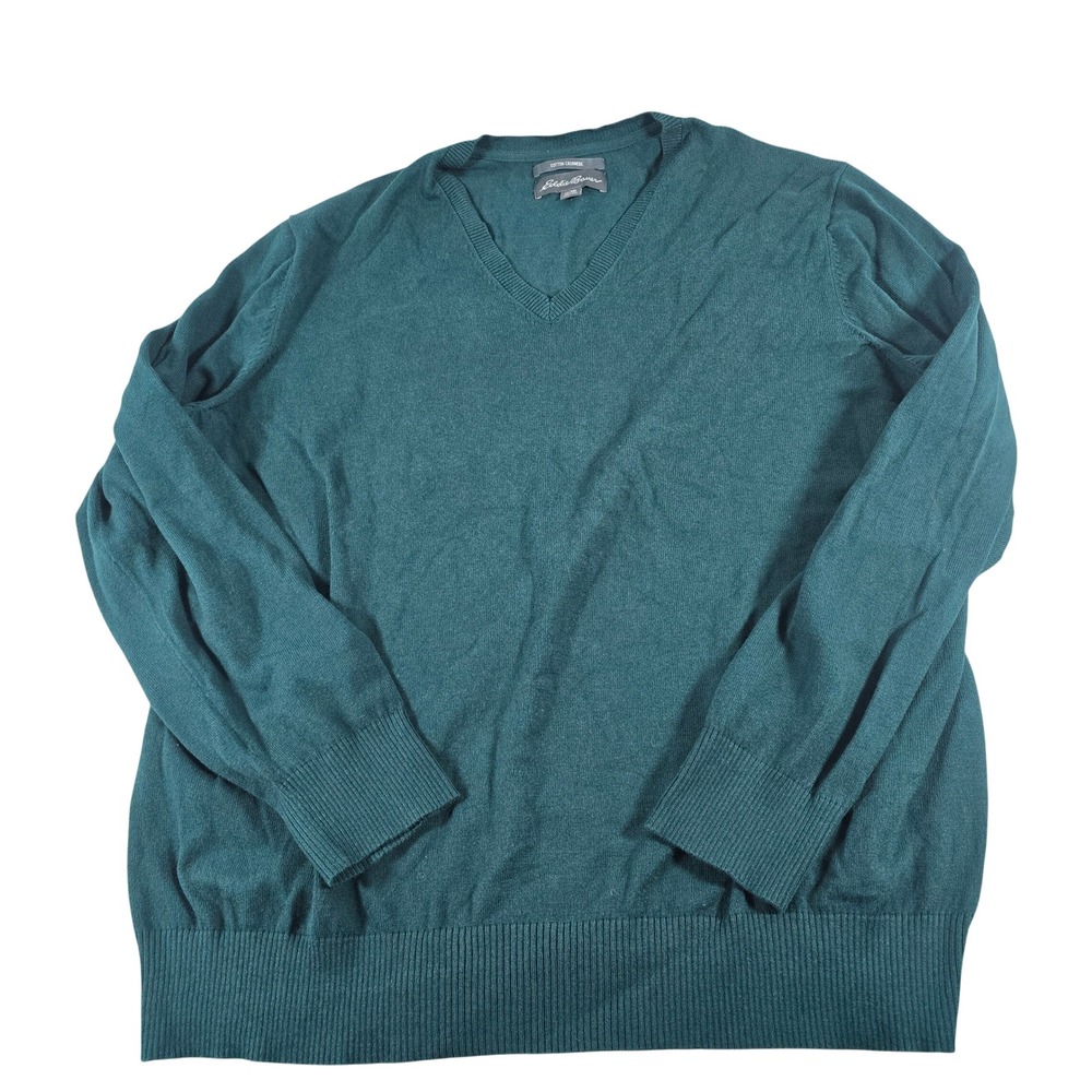 Eddie Bauer Mens 2XL Teal Green Cotton Cashmere V-Neck Sweater 11123